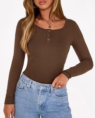 KIRUNDO Womens Long Sleeve Tops Casual Ribbed Knit Henley Button Down Shirts Slim Fit Workout Basic Tees Fashion Clothing(Dark Brown, Medium) - Thumbnail 4