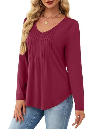 JUSTFASHIONNOW Winter Tops for Women V Neck Long Sleeve Shirts Pleated Plus Size Tunic Tops Peplum Dressy Blouses Women's Christmas Work Clothes Trendy 2025 (Wine Red, XX-Large) - Thumbnail 2
