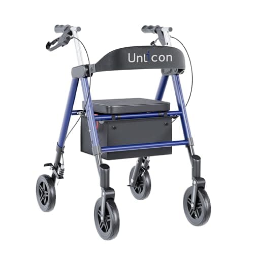 Unicon Rollator Walkers with Seat, Foldable Rollator Walker, Reinforced Aluminum Frame, Dual-Height Adjustment, 8" Big Wheels for All Terrain, 300 lb. Weight Capacity, Ideal Gifts for Seniors -Blue - Image 1