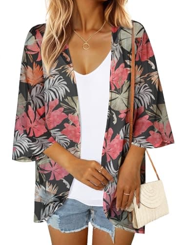 GKBK Women's Floral Print Puff 3/4 Sleeve Kimono Lightweight Cardigan Loose Cover Up Puff Short Sleeve Shawl Chiffon Casual Blouse Tops Black Coral M - Image 1