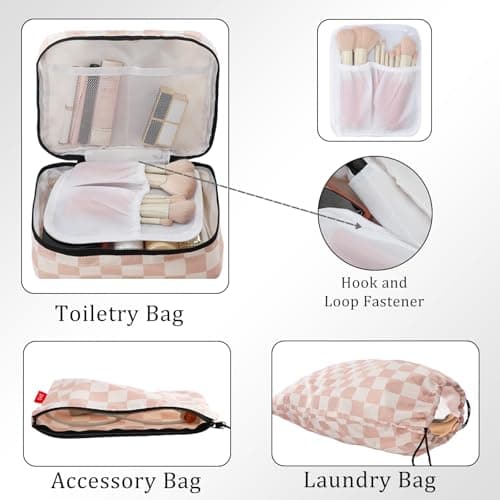 U+U 8 Set Compression Packing Cubes - Ultralight Travel Organizers with Laundry Bag and Cosmetic Bag, Space-Saving Suitcase Organizer for Travel, Business Trip and Family Vacation (Khaki Checkered) - Thumbnail 4
