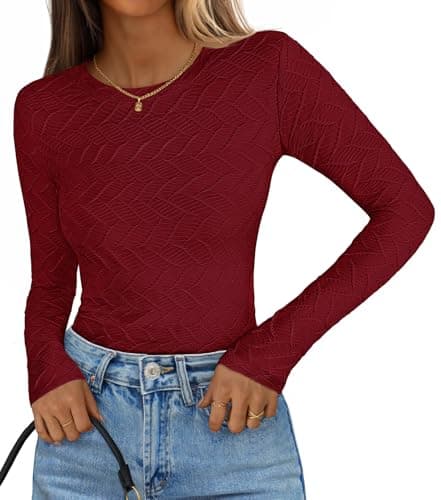 MEROKEETY Women's Fall Long Sleeve Shirts Blouses 2025 Casual Crewneck Textured Fitted Trendy Tops, Wine, Medium - Image 1