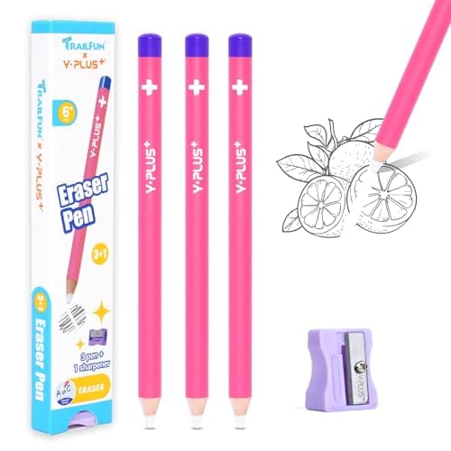 TrailFun Pen Style Eraser Eraser Pen, 3 Pcs Eraser Pen with Sharpener, Sharpenable Eraser Stick, School Art Supplies for Kids Artist Adult-Pink - Image 1