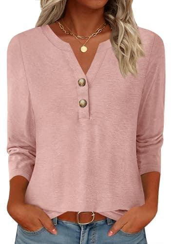 GKBK Womens Tops 3/4 Length Sleeve V Neck Button Down Loose Fit Shirts Business Casual Basic Tees Summer Fashion 2026 Dressy Casual Going Out Blouses Western Outfits Coral Pink M - Image 1