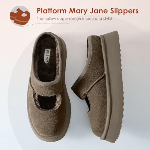 Vilanva Taupe Platform Slippers for Women Cozy Fur Lined Slip on Mary Jane Winter Shoes Warm Comfy House Slippers for Indoor Outdoor Size 9 - Thumbnail 4