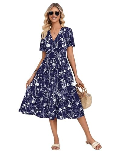 Zeagoo Short Sleeve Tiered Summer Casual Dresses for Women Midi Length Warp V-Neck Floral Beach Long Flowy A Line Dress with Pockets - Thumbnail 2