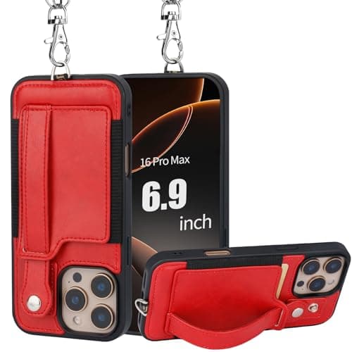 TOOVREN Phone Case for iPhone 16 Pro Max Case with Wallet Strap Lanyard Case fits Phone 16 Pro Max Wallet Case with Card Holder Stand Leather Cover Adjustable for Women & Men 6.9 Inch Red - Image 1