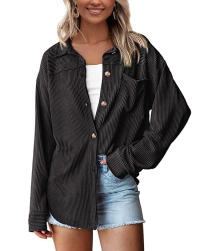 PRETTYGARDEN Women's Button Down Shirts 2026 Spring Long Sleeve Textured Tops Oversized Shacket Jacket Knit Blouses(Black,Small) - Image 1