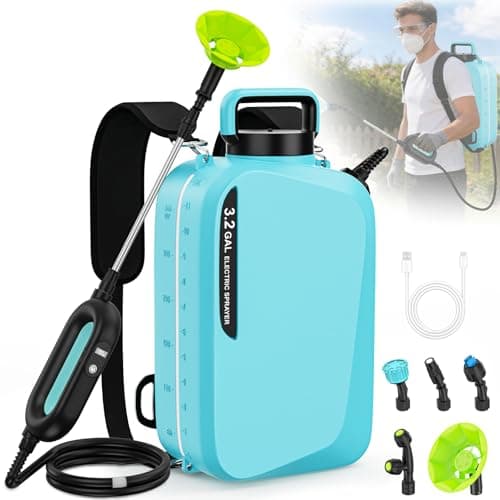 3.2Gal/12L Battery Powered Backpack Sprayer, 7.4V Electric Pump Sprayers with Digital Display, 2 Speeds & 5 Nozzles, USB Rechargeable, Adjustable Strap for Lawn, Garden, Farm, Cleaning (Light Blue)