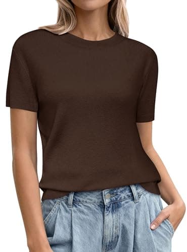 PRETTYGARDEN Women's Short Sleeve Sweaters 2026 Spring Crew Neck Knit Work Shirts Business Casual Tops Summer Fashion Clothes (Brown,X-Large) - Image 1