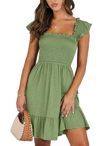 ANRABESS Women's Summer Casual Sleeveless Square Neck Dress 2026 Smocked Ruffle Backless Boho Beach Cute Teen Short Sundress Light Green Large - Image 1