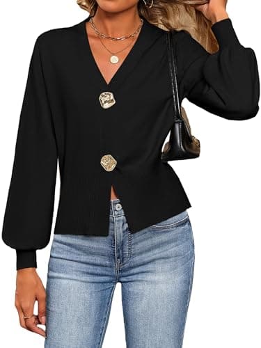 Bellcoco Sweaters for Women V Neck Lightweight Cropped Sweater Ribbed Knit Pullover Casual Trendy Tops Spring Summer Outfits Fashion Clothes 2026, Black, L - Image 1