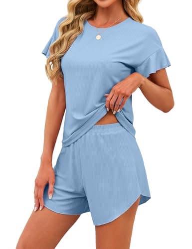 JUSTFASHIONNOW Women's Pajama Set Ruffle Sleeves Top and Short Soft 2 Piece Loungewear Set Blue - Image 1
