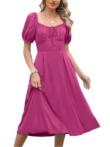 Caracilia Women Summer Casual Midi Dress Puff Short Sleeve Square Neck Floral Wedding Guest Party Graduation Dress Hot Pink Small - Image 1