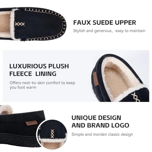 BOVTY House Slippers for Men Moccasins - Memory Foam&Warm Plush Indoor Outdoor Slip-on Loafers Black - Thumbnail 4