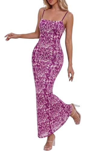 BTFBM Womens Maxi Dress 2026 Spring Floral Sexy Spaghetti Straps Sleeveless Bodycon Summer Beach Wedding Guest Dresses(Dark Purple Print, X-Small) - Image 1