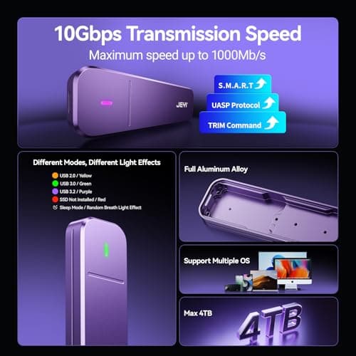 JEYI NVMe SSD Enclosure, 10Gbps M.2 to USB C Adapter/Reader, Aluminum Cooling, M Keys, Compatible with 2230/2242/2260/2280 SSDs - Thumbnail 2