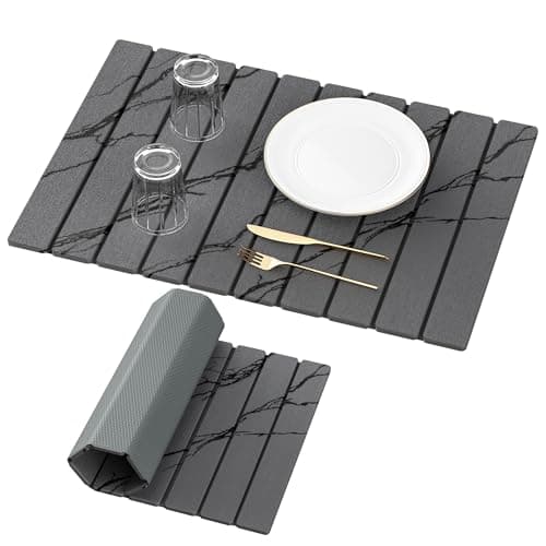 Yofidra Large Stone Dish Drying Mat for Kitchen Counter, Quick Dry Stone Mats with Absorbent Diatomaceous Earth, Foldable Roll Up Drying Organizer Pad for Utensils Plate, 24"×16", Dark Gray Marble - Image 1