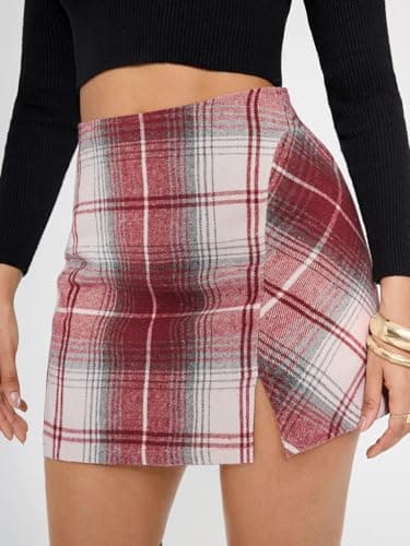 EXLURA Women's Fashion Faux Wool Mini Skirt High Waisted Y2K Trendy Side Slit Tweed Plaid Skirts 2025 Fall Winter Outfits Wine Red - Thumbnail 2