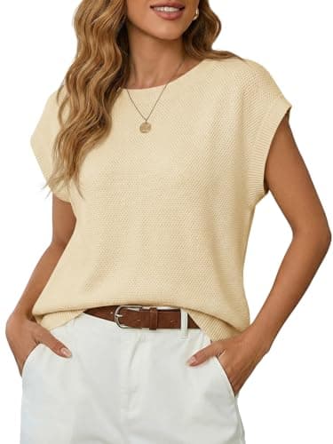 Saodimallsu Womens Short Sleeve Sweater Tops Summer Crewneck Lightweight Knit Casual Loose Sleeveless Sweater Vest Apricot - Image 1