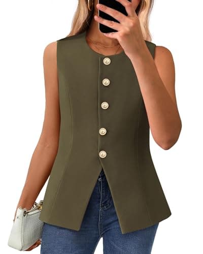 BTFBM Summer Sleeveless Blazer Vest For Women Dressy Button Down Round Neck Business Casual Outfits Work Suit Vests Tops(Army Green, XX-Large) - Image 1