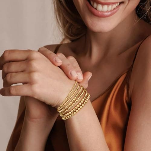 adoyi Gold Bracelets for Women 14K Gold Plated Strand Stackable Beaded Bracelet stack Set Adjustable Jewelry Sets for Women Gifts - Thumbnail 2