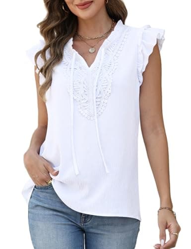 CiCiBird Women's V Neck Blouse Ruffle Short Sleeve Loose Fit Shirts Dressy Casual Lace Tops White XX-Large - Image 1