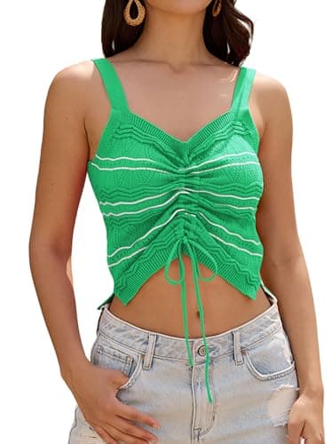 ZAFUL Women's Square Neck Wide Strap Crop Tank Tops Striped Ruched Drawstring Slim Fit Crochet Knit Cami Tops (Dark Green, Medium) - Image 1