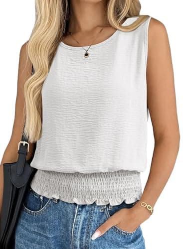 BLENCOT Summer Tank Tops for Women Sleeveless Casual Boho Cami Slim Fit Smocked Bottom Shirts White M - Image 1