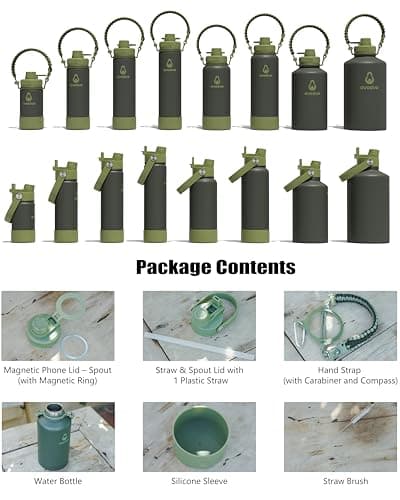 avodvo 20 oz Insulated Water Bottle with 2 Lids (2-in-1 Straw & Spout Lid, Magnetic Lid), Slim Water Bottle with Strap, Stainless Steel Water Bottle for School, PA-Free, Army Green - Thumbnail 2