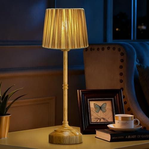 TRRMEZY 17.5" Wood Rechargeable Cordless Bedside Lamp for Bedroom, Bedroom Lamps with Fabric Shade, 4000mAH Battery Operated, 3-Color Dimmable Touch Nightstand Lamp for Nursery (E26 Bulb Included) - Image 1