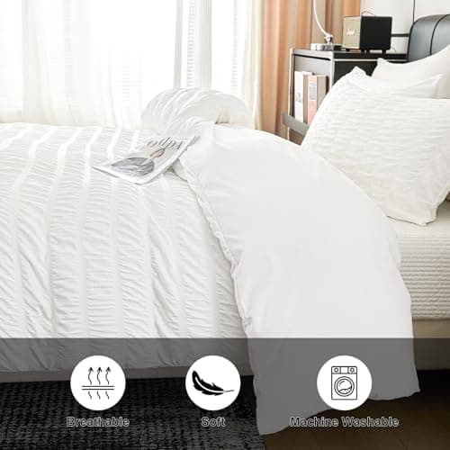 DCSKY White Duvet Cover King Size, Ultra Soft 3-Piece Boho Seersucker Duvet Cover Set with Zipper Closure, Soft Washed Microfiber Bedding Set (104"x90", 2 Pillowshams) - Thumbnail 3