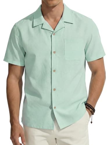 PJ PAUL JONES Mens Linen Shirt Short Sleeve Cotton Hawaiian Button Up Shirts for Men Casual Cuban Summer Beach Shirts with Pocket Light Green - Image 1