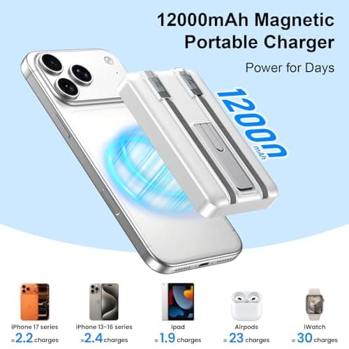 for Magsafe Portable Charger, 12000mAh 22.5W Fast Charging Power Bank with Built-in 2 Cables, 3-in-1 Magnetic Battery Pack with LED Display & Foldable Stand for iPhone 17/16/15/14/13 AirPods & iWatch - Thumbnail 6