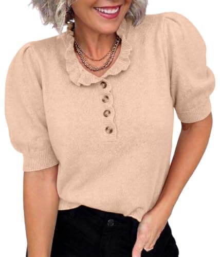 MONORA Short Sleeve Sweater for Women Trendy Pullover Knit Tops 2026 Ruffle Crewneck Puff Sleeve Spring Summer Fashion Lightweight Business Casual Outfits Biege - Image 1