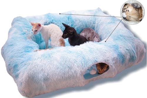 XxingSheep 4 Cave Shuttled XL Cat Tunnel Bed for Indoor Cats Peekaboo Toy Donut with Warm Mat, Azure Blue - Image 1
