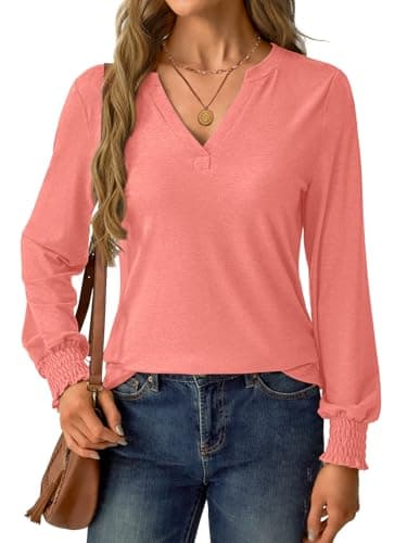 GKBK Womens Long Sleeve Shirts Fall Tops V Neck Business Dressy Casual Blouses with Smocked Cuffs Coral - Thumbnail 5