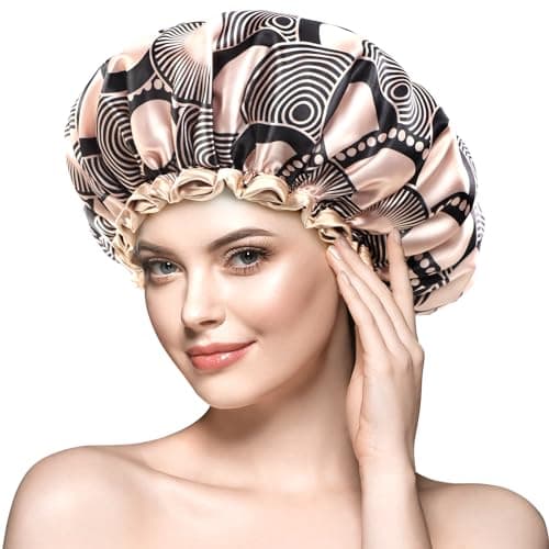 mikimini Large Shower Cap for Women Long Hair, Champagne Shower Caps with Lace, Double Layer Waterproof, Reusable, Washable, High-quality - Image 1