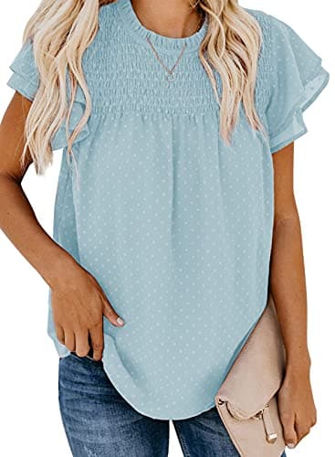 Dokotoo Women's Cute Summer Lace Crew Neck Flowy Ruffle Short Sleeve Shirts for Women Pom Pom Dot Blouses Solid Casual Loose Back Self Tie Babydoll Tops Sky Blue S - Image 1