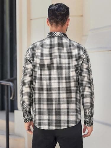 BAYAMO Men's Flannel Button Down Shirt Casual Plaid Long Sleeve Fall Jacket Lightweight Soft Tops with Pockets White L - Thumbnail 3
