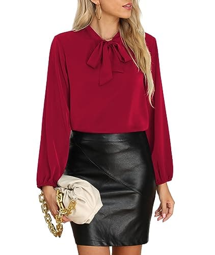 CZYINXIAN Fall Blouses for Women Fahion 2025 Chiffon Long Sleeve Blouses Loose Tie Neck Shirts(B Red,X-Large) - Image 1