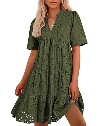 BTFBM Womens Boho Summer Dresses 2025 Resort V Neck Short Sleeve Hollow Out Lace Ruffle Casual Beach Mini Vacation Dress(Army Green, X-Large) - Image 1