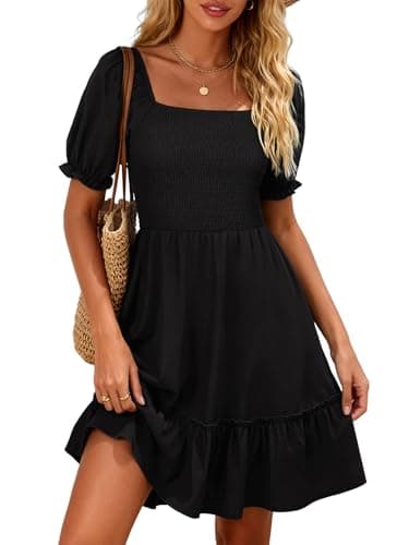 Berydress Black Dresses for Women 2026 Summer Boho Beach Vacation Clothes Square Neck Babydoll Short Sleeve Mini Sun Dress with Pockets(M,6295-Black) - Image 1