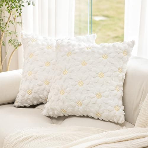 KIDHABE Spring Summer Pillow Covers 18x18 inch, Set of 2 Soft Faux Fur Jacquard Yellow Color Flower Heart Sunflower Throw Pillow Cases for Sofa Couch Holiday Spring Home Decor - Image 1