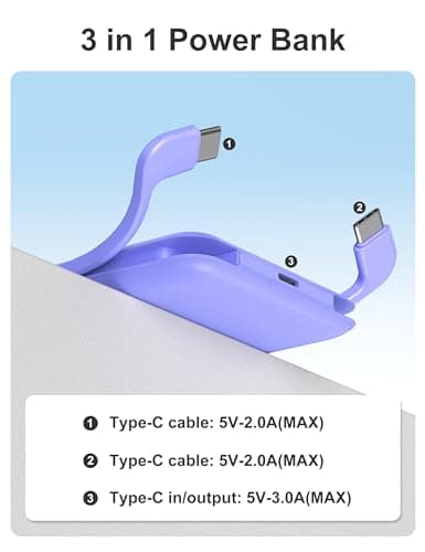 10000mAh Compatible with iPhone 15/16/17 and Android, Slim Portable Charger with Built in Cable, Power Bank Travel Charger External Battery Pack for Phone, 3 Output USB Type C, 2 Pack White & Purple - Thumbnail 5