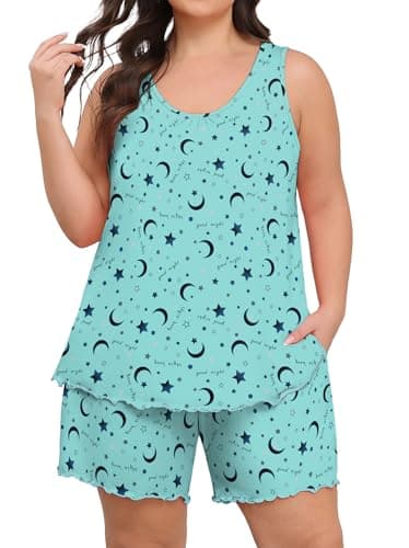 Lastshe Plus Size Pajama Set for Women Summer Sleeveless Tank Tops Shorts Knit Pjs 2 Piece Soft Loungewear Ladies Sleepwear,Blue Star Moon-2X - Image 1