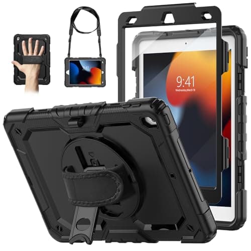 WEGLS Case for iPad 9th/ 8th/ 7th Generation 10.2'' with Screen Protector Pencil Holder, 360 Rotating Hand Strap & Stand, Protective Case for iPad 10.2 inch 2021/2020/2019 (Black)