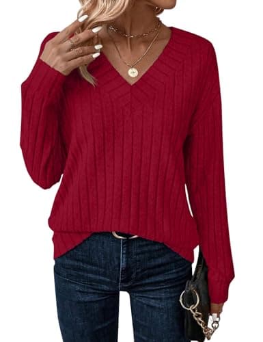 JUSTFASHIONNOW Womens Long Sleeve Tops Casual V Neck Fall T Shirts Soft Tunic Tops Plus Size Blouses Christmas Pullover Sweaters(Wine Red,XX-Large)