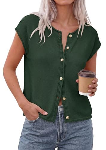 PRETTYGARDEN Womens Cap Short Sleeve Sweater Vest 2026 Spring Summer Lightweight Button Down Cardigans Trendy Loose Tops (Army Green,Small) - Image 1
