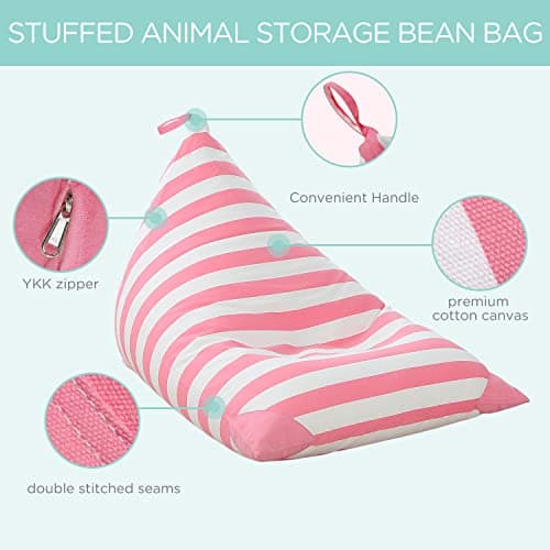 Aubliss Stuffed Animal Storage Bean Bag Chairs Cover, 50"x 35" Extra Large Bean Bags Chair for Kids & Adults, Beanbag Toy Storage for Boys Girls - Premium Cotton Canvas Pink Stripe - Thumbnail 3